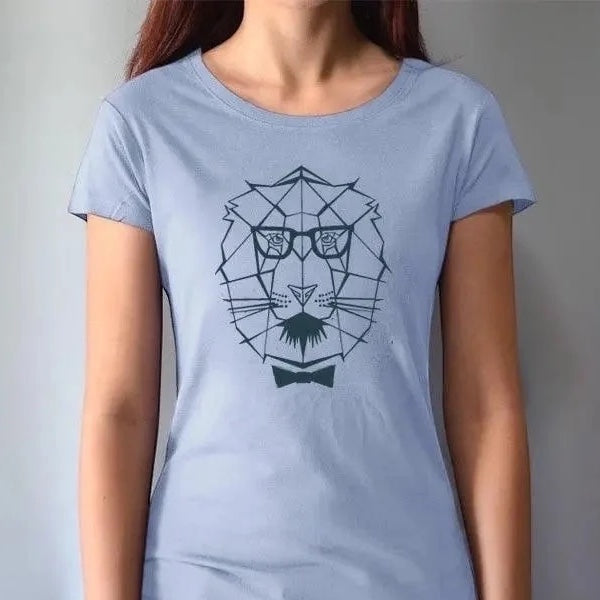 Light blue Women's Lion T-Shirt in bamboo & organic cotton with bold geometric lion face, ideal gift for leaders embracing courage.