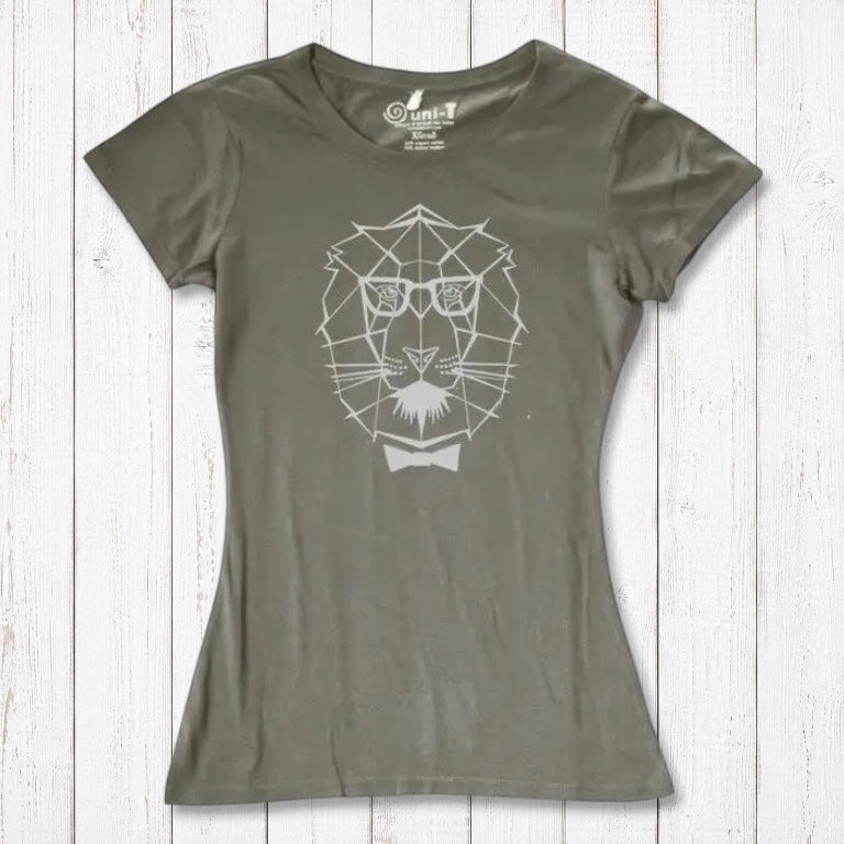 Khaki green Women's Lion T-Shirt crafted from sustainable bamboo & organic cotton, showcasing a modern lion graphic for strength and style.
