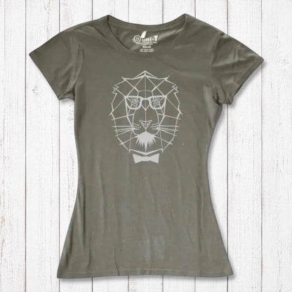 Khaki green Women's Lion T-Shirt crafted from sustainable bamboo & organic cotton, showcasing a modern lion graphic for strength and style.