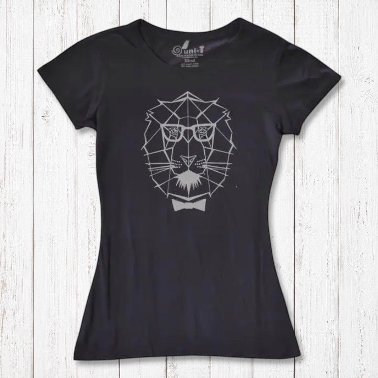 Black Women's Lion T-Shirt in eco-friendly bamboo & organic cotton, featuring a fierce lion face with glasses and bow tie for bold expression.