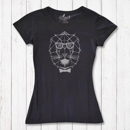 Black Women's Lion T-Shirt in eco-friendly bamboo & organic cotton, featuring a fierce lion face with glasses and bow tie for bold expression.