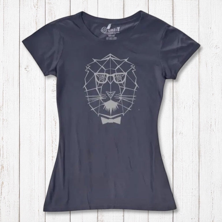 Navy Women's Lion T-Shirt in sustainable bamboo & organic cotton, adorned with a geometric lion design for a modern safari look.