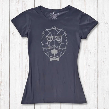 Navy Women's Lion T-Shirt in sustainable bamboo & organic cotton, adorned with a geometric lion design for a modern safari look.