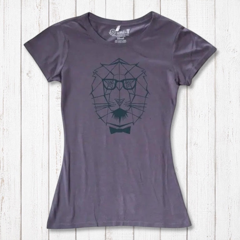 Dark purple Women's Lion T-Shirt featuring a geometric lion face and bow tie, made from soft bamboo & organic cotton for eco-conscious fashion.