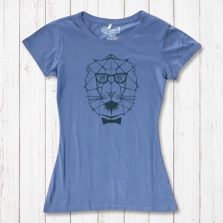 Ocean blue Women's Lion T-Shirt crafted from bamboo & organic cotton, showcasing a modern lion face graphic for strength and style.