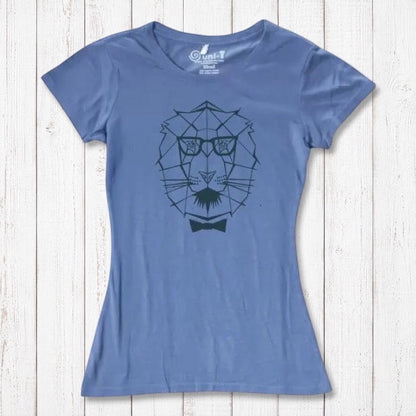 Ocean blue Women's Lion T-Shirt crafted from bamboo & organic cotton, showcasing a modern lion face graphic for strength and style.