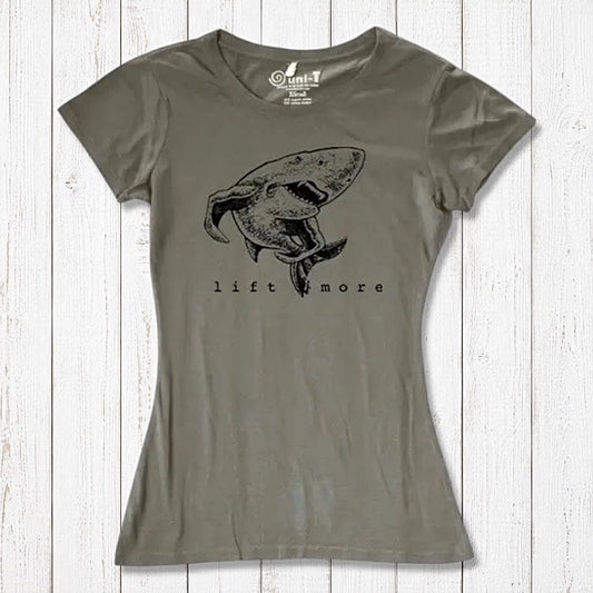 Olive green women's shark T-shirt in bamboo and organic cotton with 'Lift More' graphic. Eco-friendly gym tee for fitness motivation.
