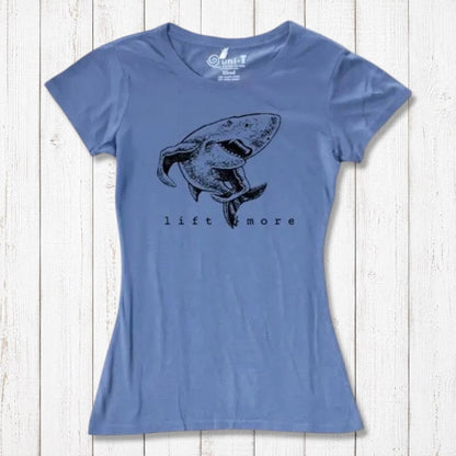 Blue women's fitness T-shirt made from bamboo and organic cotton with shark 'Lift More' print. Ideal gym motivation apparel.