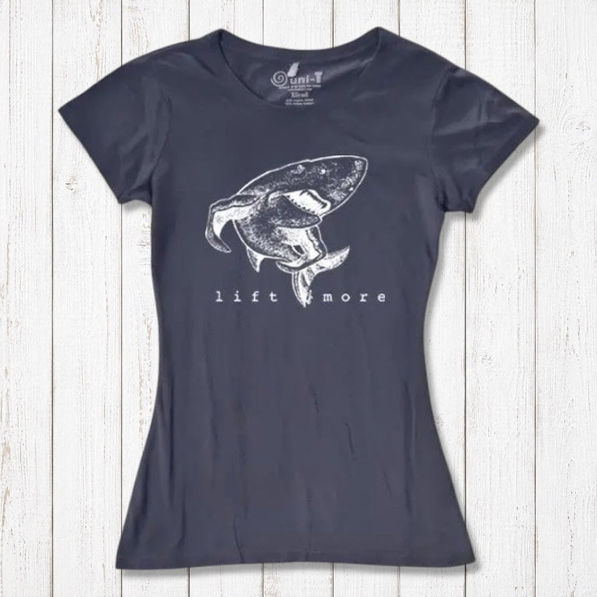 Charcoal gray women's bamboo and organic cotton T-shirt with shark 'Lift More' design. Motivational fitness top for weightlifters.