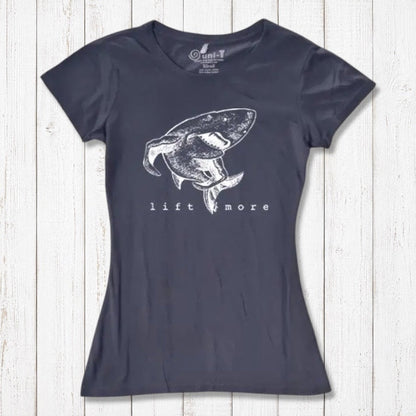 Charcoal gray women's bamboo and organic cotton T-shirt with shark 'Lift More' design. Motivational fitness top for weightlifters.