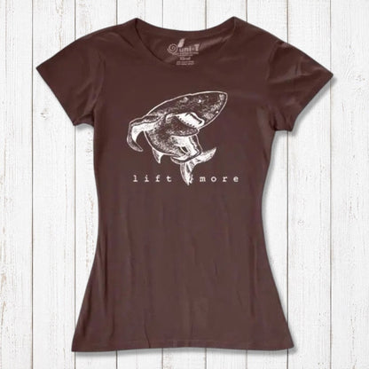 Brown eco-friendly women's T-shirt with shark and 'Lift More' graphic. Bamboo and organic cotton blend for gym and casual wear.
