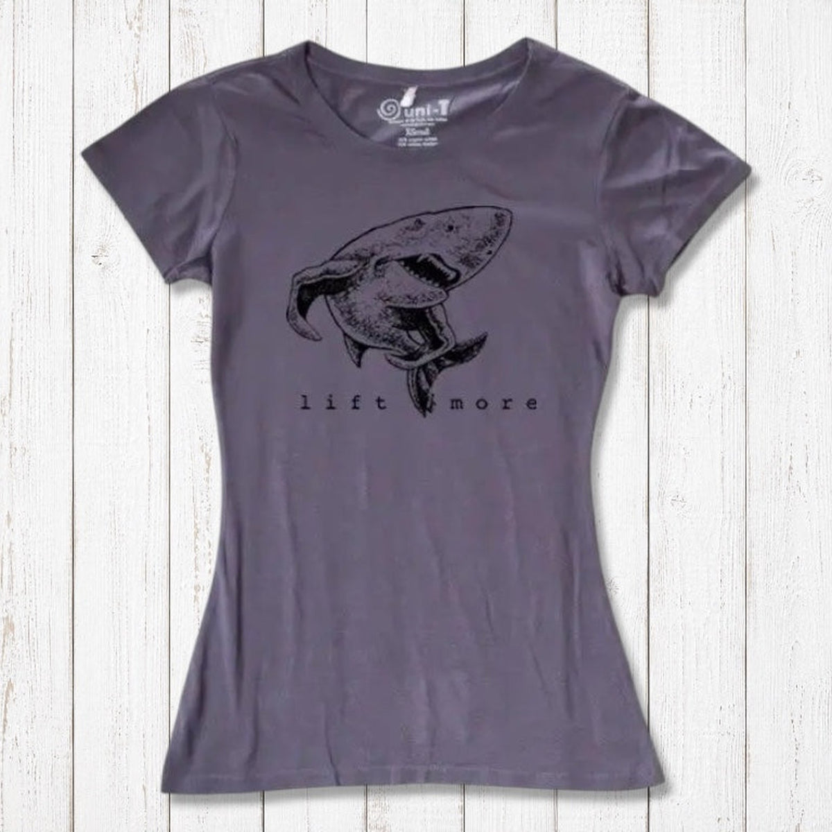 Heather gray women's bamboo and organic cotton T-shirt with shark 'Lift More' graphic. Perfect for fitness lovers and lifters.