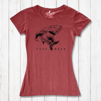 Brick red women's bamboo and organic cotton T-shirt with shark 'Lift More' print. Ideal motivational gift for fitness enthusiasts.