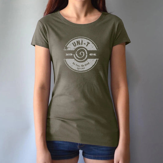 Women's Kindness T-Shirt in Bamboo & Organic Cotton in olive green with 'Be You Be Kind' graphic by Uni-T. Eco-friendly inspirational tee.
