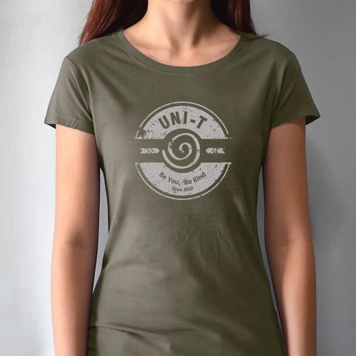 Women's Kindness T-Shirt in Bamboo & Organic Cotton in olive green with 'Be You Be Kind' graphic by Uni-T. Eco-friendly inspirational tee.