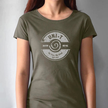 Women's Kindness T-Shirt in Bamboo & Organic Cotton in olive green with 'Be You Be Kind' graphic by Uni-T. Eco-friendly inspirational tee.