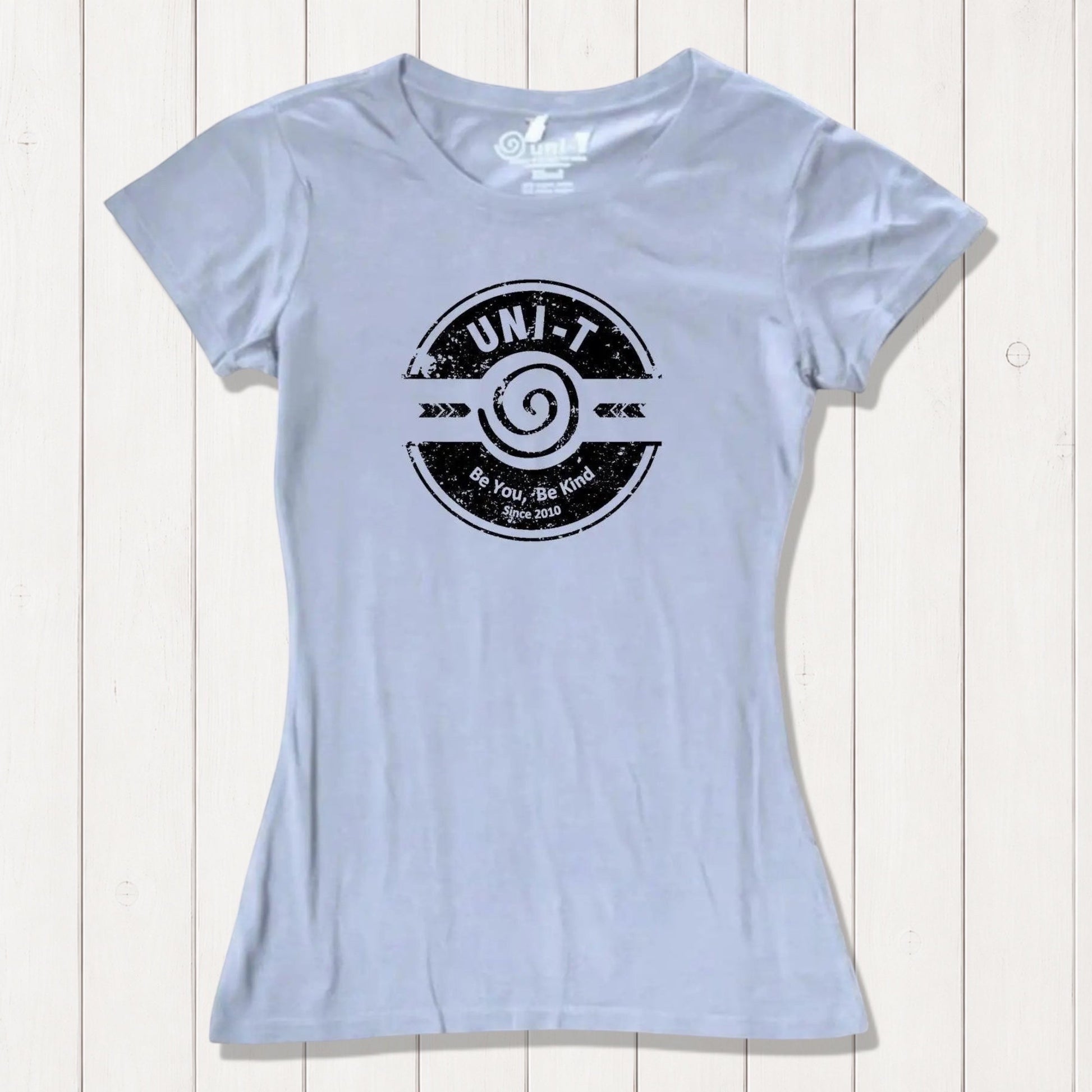 Light blue bamboo & organic cotton women's kindness T-shirt with Uni-T's 'Be You Be Kind' message. Soft, breathable, and sustainable gift idea.