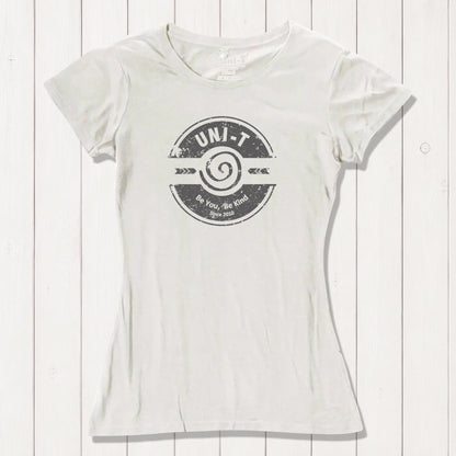 Cream-colored inspirational women's T-shirt made from bamboo and organic cotton featuring Uni-T's 'Be You Be Kind' positive vibe graphic.