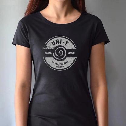 Black women's bamboo & organic cotton T-shirt with 'Be You Be Kind' graphic by Uni-T. A stylish and sustainable self-love statement tee.