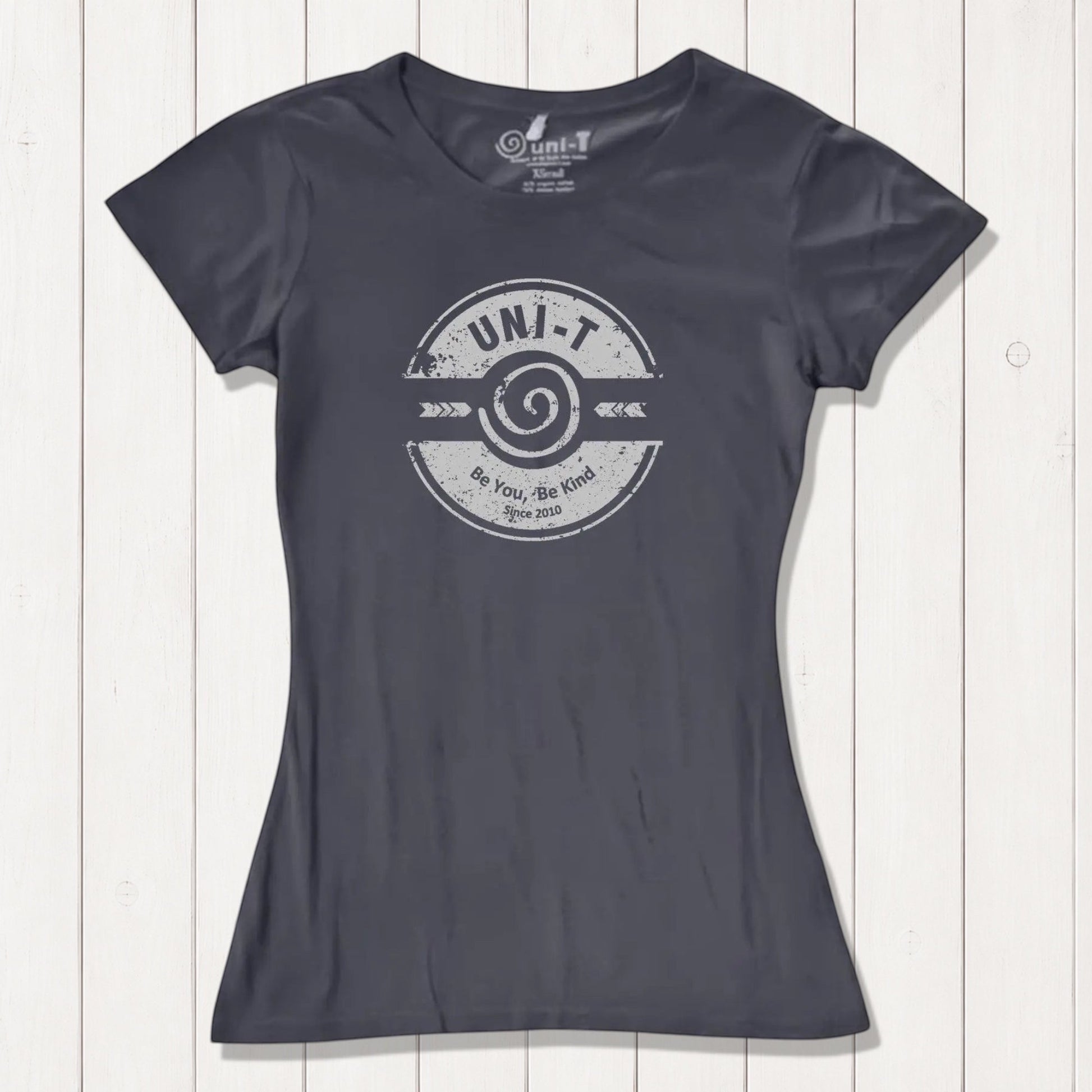 Charcoal gray kindness graphic tee for women made from bamboo and organic cotton. Features Uni-T's 'Be You Be Kind' inspirational design.