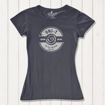 Charcoal gray kindness graphic tee for women made from bamboo and organic cotton. Features Uni-T's 'Be You Be Kind' inspirational design.