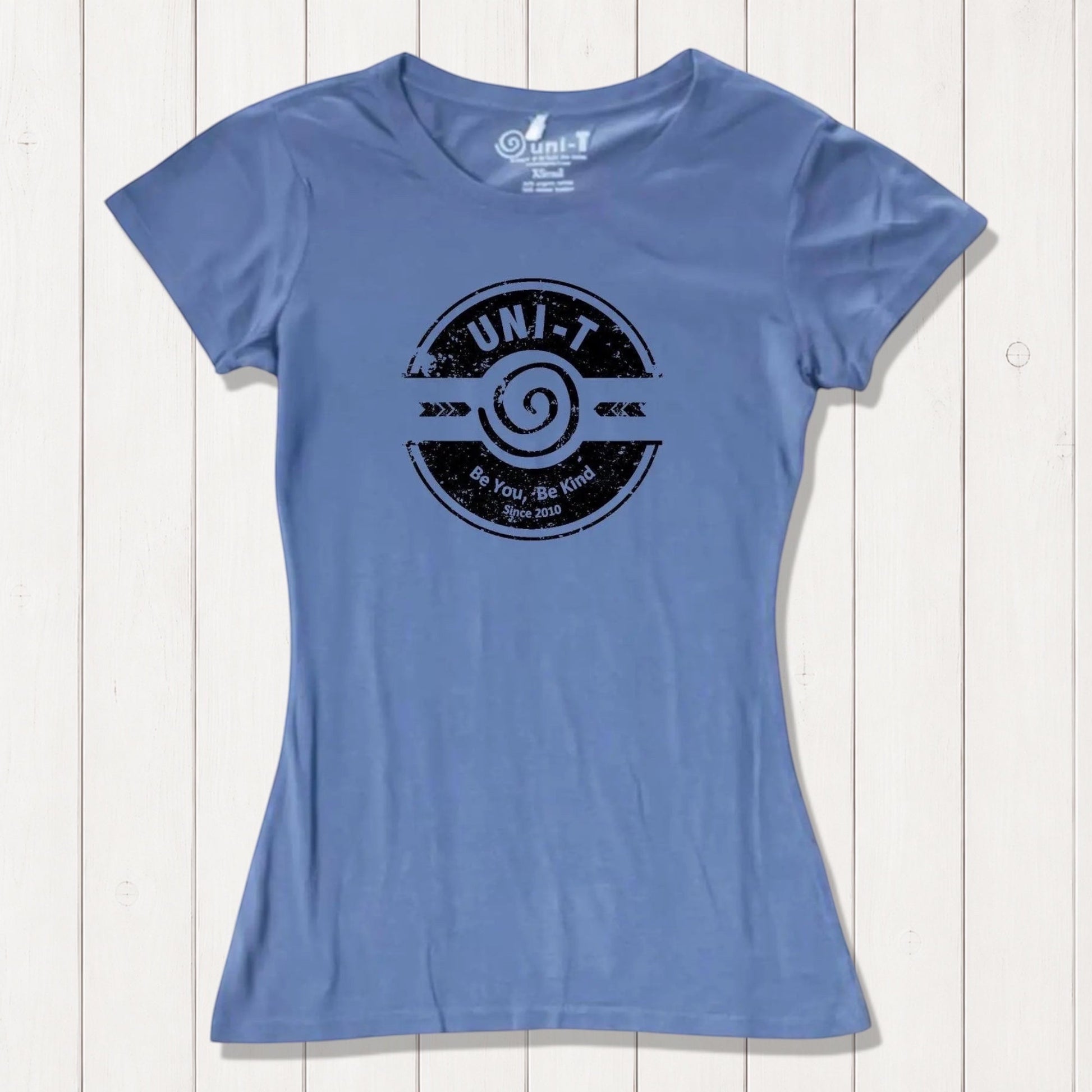 Sky blue women's T-shirt in bamboo & organic cotton with Uni-T's 'Be You Be Kind' message. A soft, eco-conscious gift of positivity.