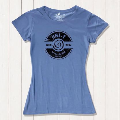 Sky blue women's T-shirt in bamboo & organic cotton with Uni-T's 'Be You Be Kind' message. A soft, eco-conscious gift of positivity.