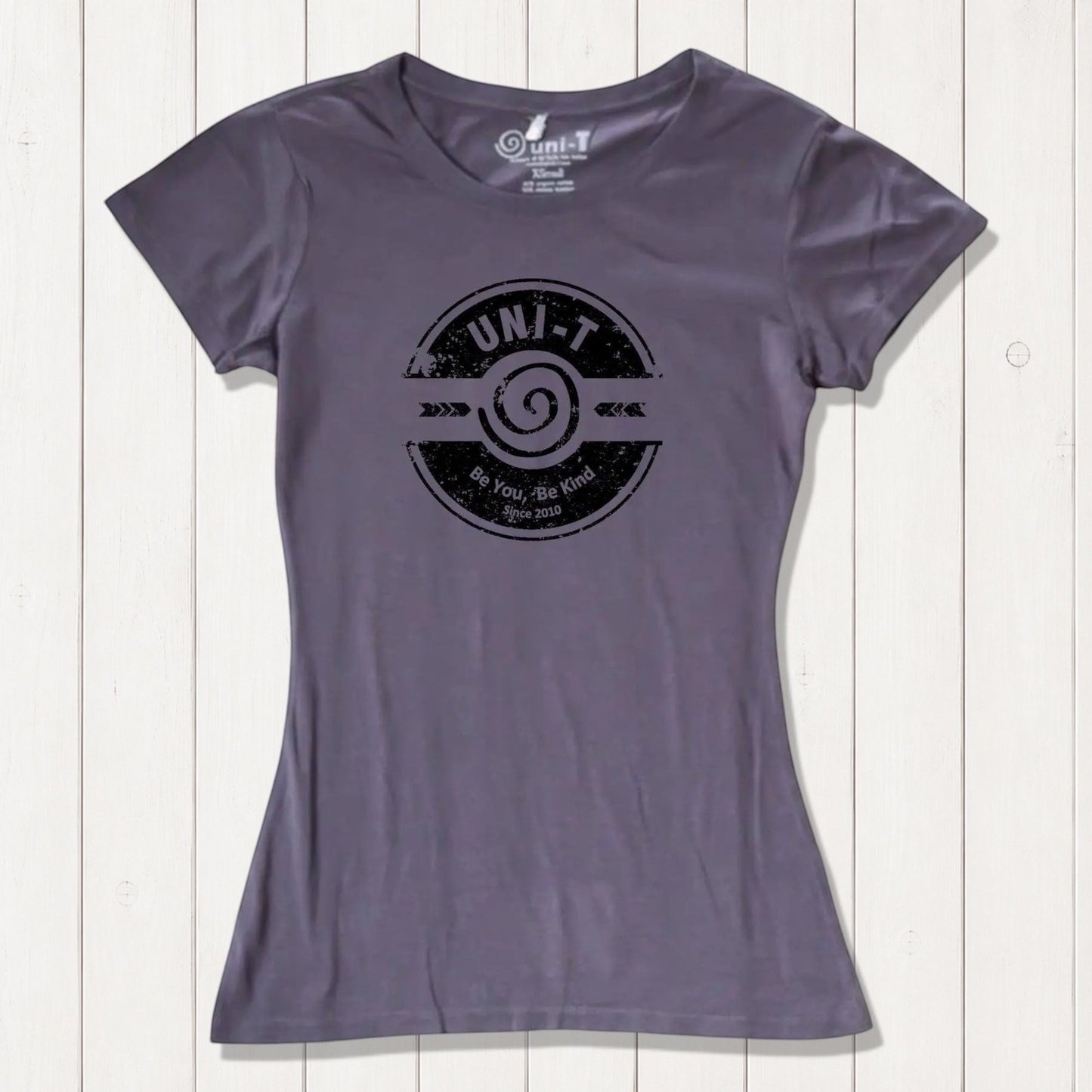 Plum purple bamboo & organic cotton kindness T-shirt for women featuring Uni-T's 'Be You Be Kind' design. Eco-friendly and empowering.