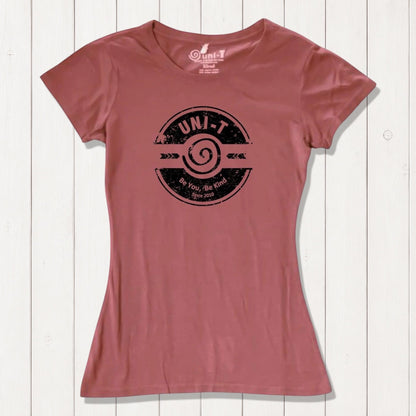 Rust red women's bamboo & organic cotton tee with Uni-T's 'Be You Be Kind' graphic. A sustainable and stylish inspirational gift.