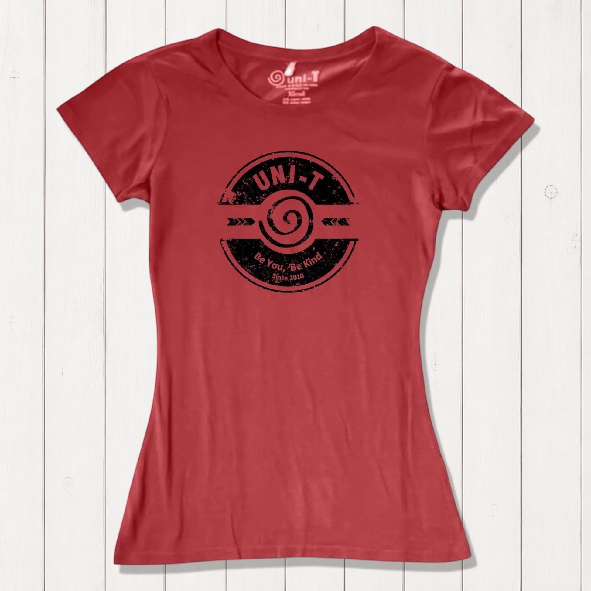 Coral red bamboo & organic cotton women's T-shirt with 'Be You Be Kind' graphic by Uni-T. A breathable and meaningful fashion statement.