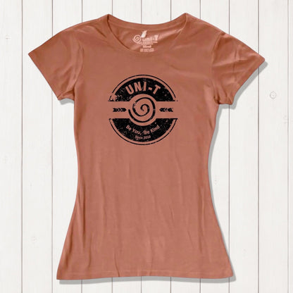 Terracotta bamboo & organic cotton women's kindness T-shirt with Uni-T's 'Be You Be Kind' message. A soft, eco-conscious gift of compassion.
