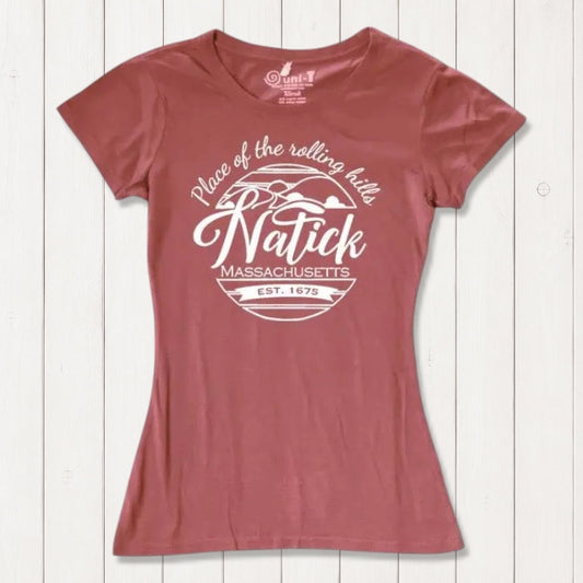 Women's Natick T-Shirt in bamboo and organic cotton in terracotta color with 'Place of the Rolling Hills' Massachusetts hometown graphic. Eco-friendly local gift tee.