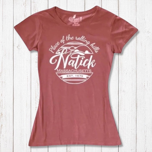 Women's Natick T-Shirt in bamboo and organic cotton in terracotta color with 'Place of the Rolling Hills' Massachusetts hometown graphic. Eco-friendly local gift tee.