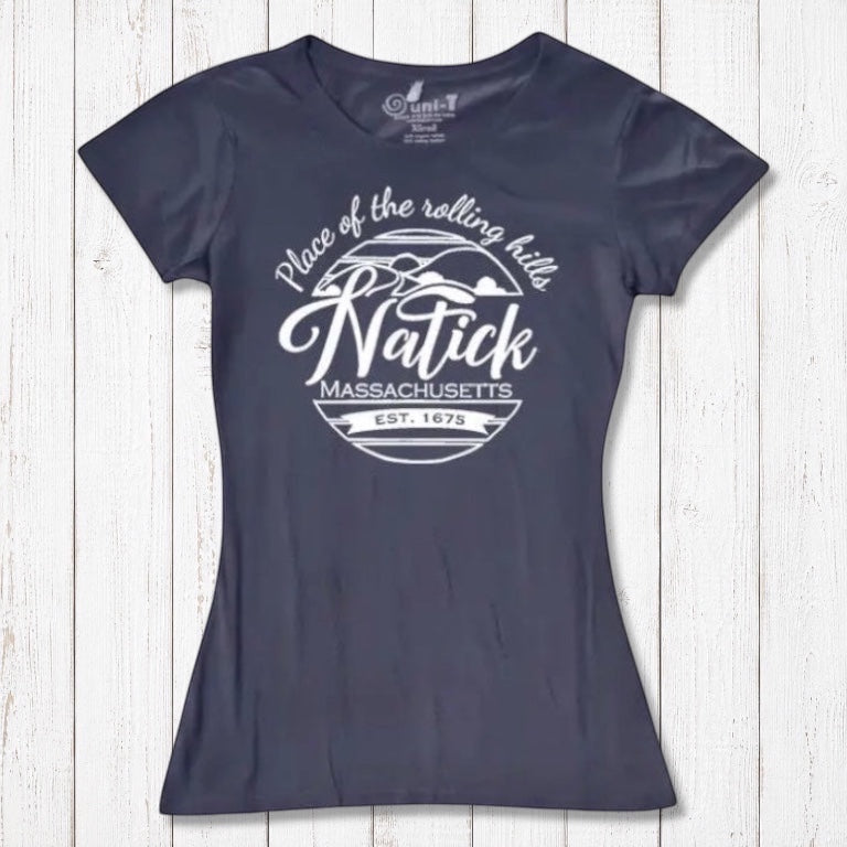 Navy blue bamboo and organic cotton Natick T-Shirt for women with Massachusetts 'Place of the Rolling Hills' graphic. Soft, eco-conscious local townie gift.