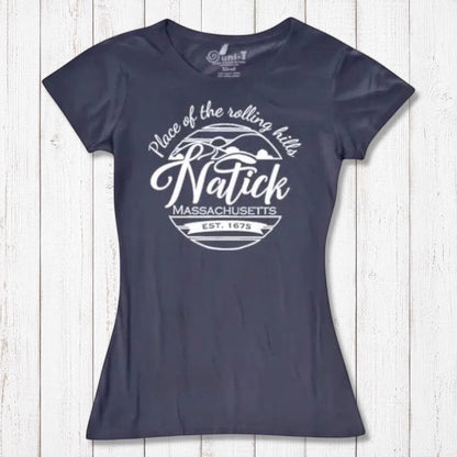Navy blue bamboo and organic cotton Natick T-Shirt for women with Massachusetts 'Place of the Rolling Hills' graphic. Soft, eco-conscious local townie gift.