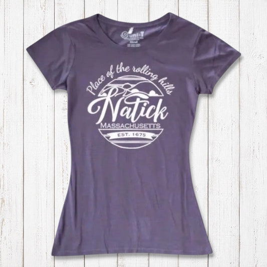 Purple women's Natick T-Shirt in bamboo and organic cotton blend with 'Place of the Rolling Hills' Massachusetts graphic. Eco-friendly local pride clothing.