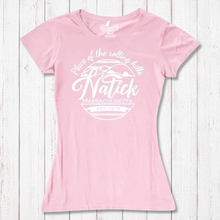 Pink bamboo and organic cotton Natick T-Shirt for women featuring 'Place of the Rolling Hills' Massachusetts design. Soft, sustainable hometown gift tee.