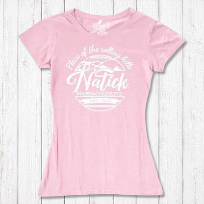Pink bamboo and organic cotton Natick T-Shirt for women featuring 'Place of the Rolling Hills' Massachusetts design. Soft, sustainable hometown gift tee.