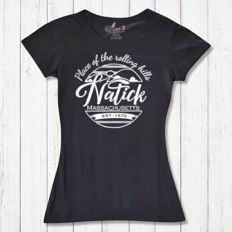 Black women's Natick T-Shirt crafted from bamboo and organic cotton with 'Place of the Rolling Hills' Massachusetts print. Eco-conscious local townie apparel.