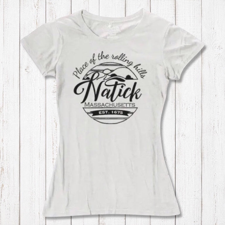White women's Natick T-Shirt in bamboo and organic cotton with black 'Place of the Rolling Hills' Massachusetts graphic. Eco-friendly local pride clothing.