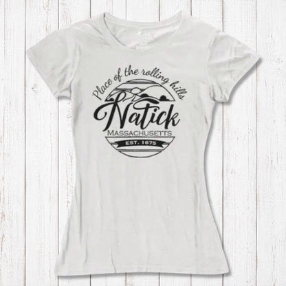 White women's Natick T-Shirt in bamboo and organic cotton with black 'Place of the Rolling Hills' Massachusetts graphic. Eco-friendly local pride clothing.