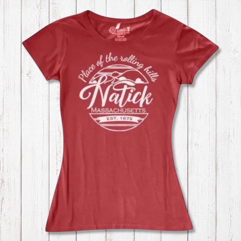 Red women's Natick T-Shirt in bamboo and organic cotton featuring 'Place of the Rolling Hills' Massachusetts design. Sustainable local pride gift tee.