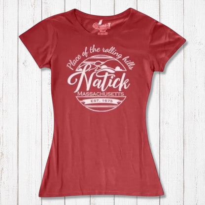 Red women's Natick T-Shirt in bamboo and organic cotton featuring 'Place of the Rolling Hills' Massachusetts design. Sustainable local pride gift tee.