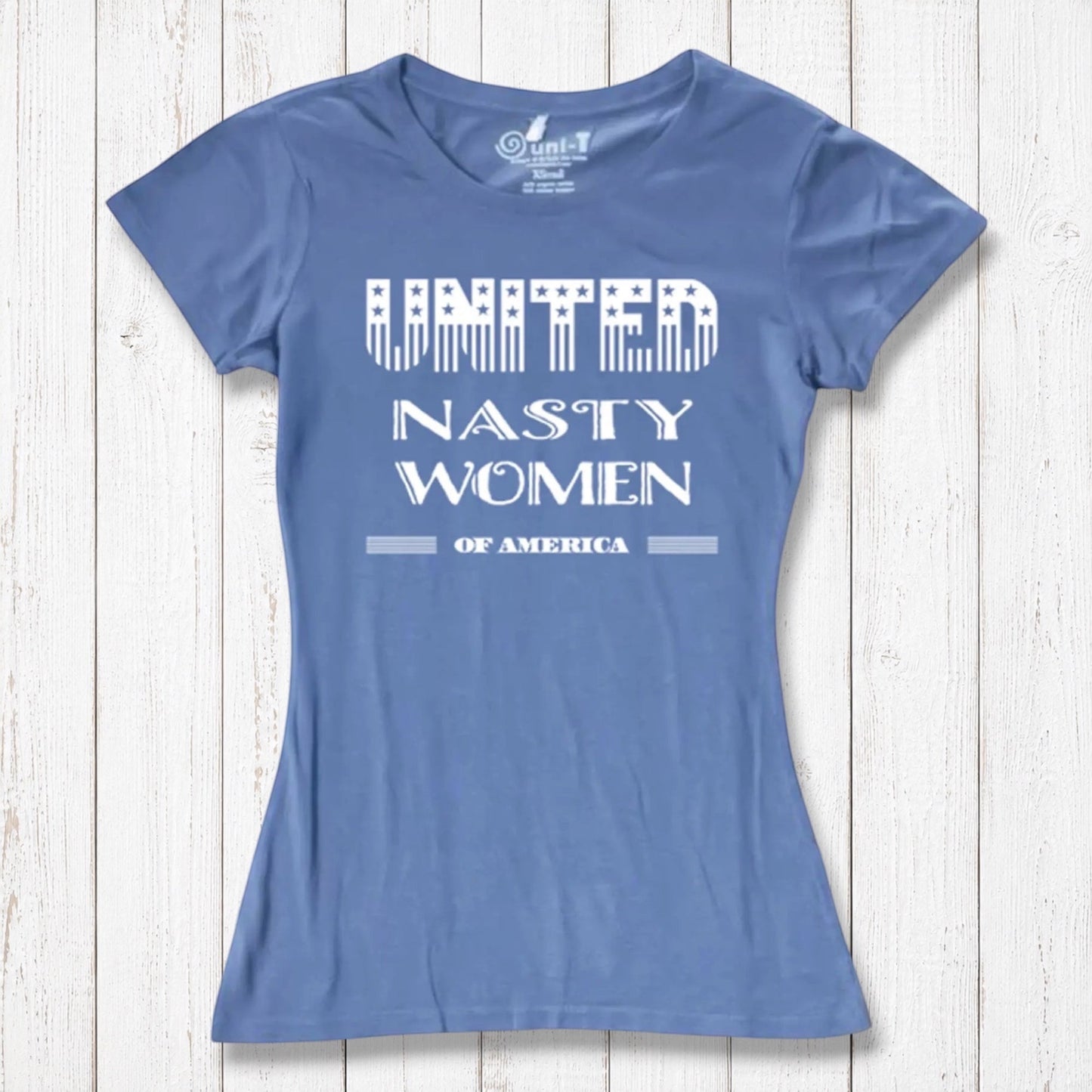 Women's statement T-shirt in blue bamboo & organic cotton with 'United Nasty Women of America' graphic. Feminist empowerment apparel by Uni-T.