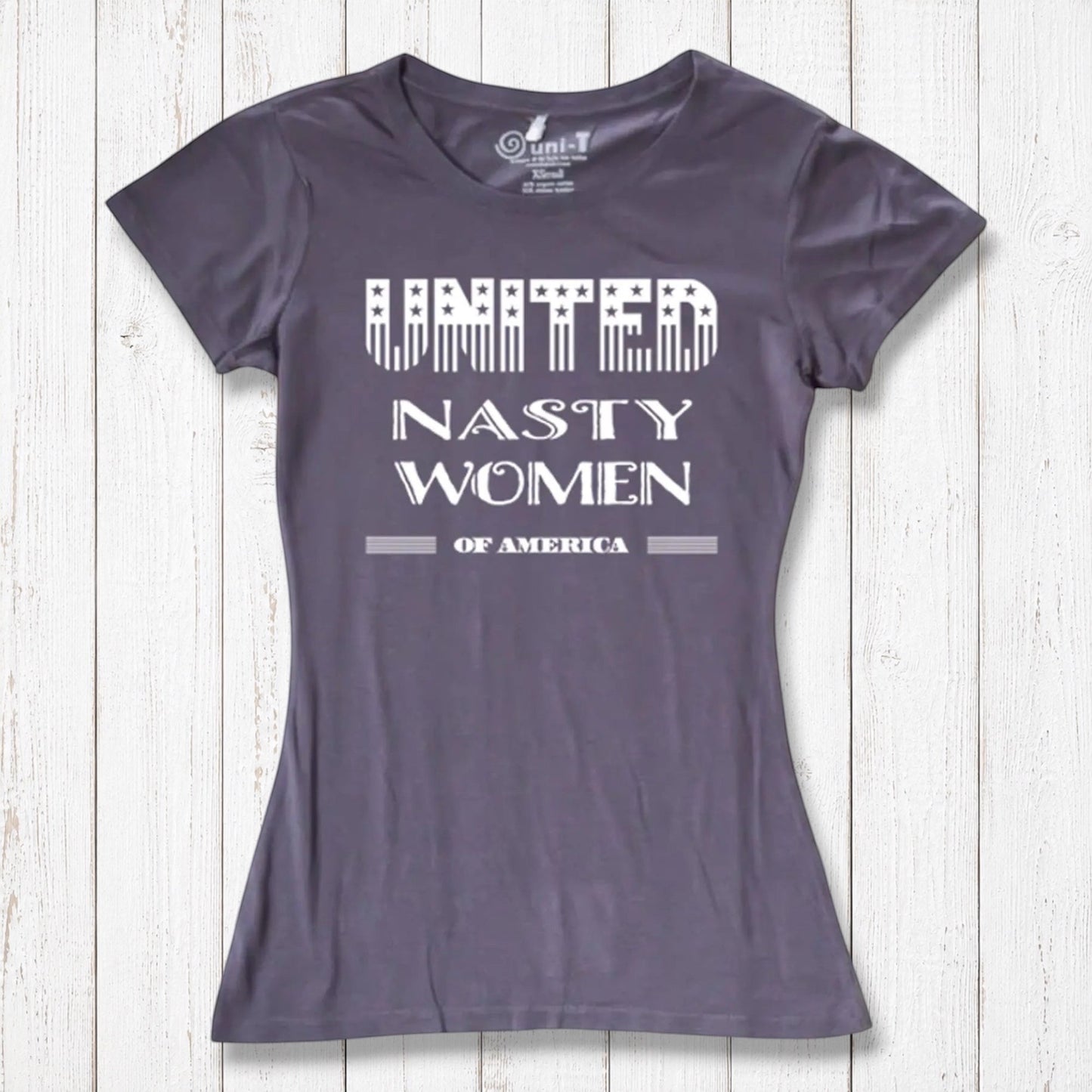 Charcoal purple women's graphic tee made from bamboo & organic cotton with 'United Nasty Women of America' print. Feminist gift idea by Uni-T.