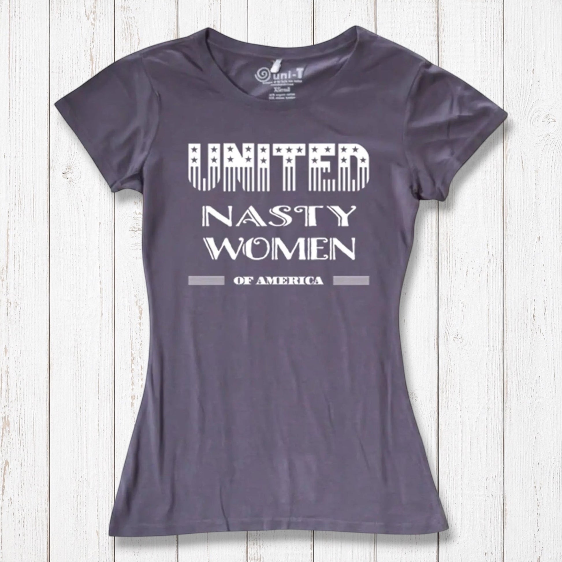 Charcoal purple women's graphic tee made from bamboo & organic cotton with 'United Nasty Women of America' print. Feminist gift idea by Uni-T.