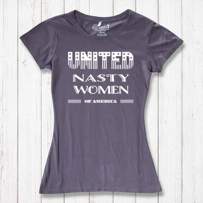Charcoal purple women's graphic tee made from bamboo & organic cotton with 'United Nasty Women of America' print. Feminist gift idea by Uni-T.