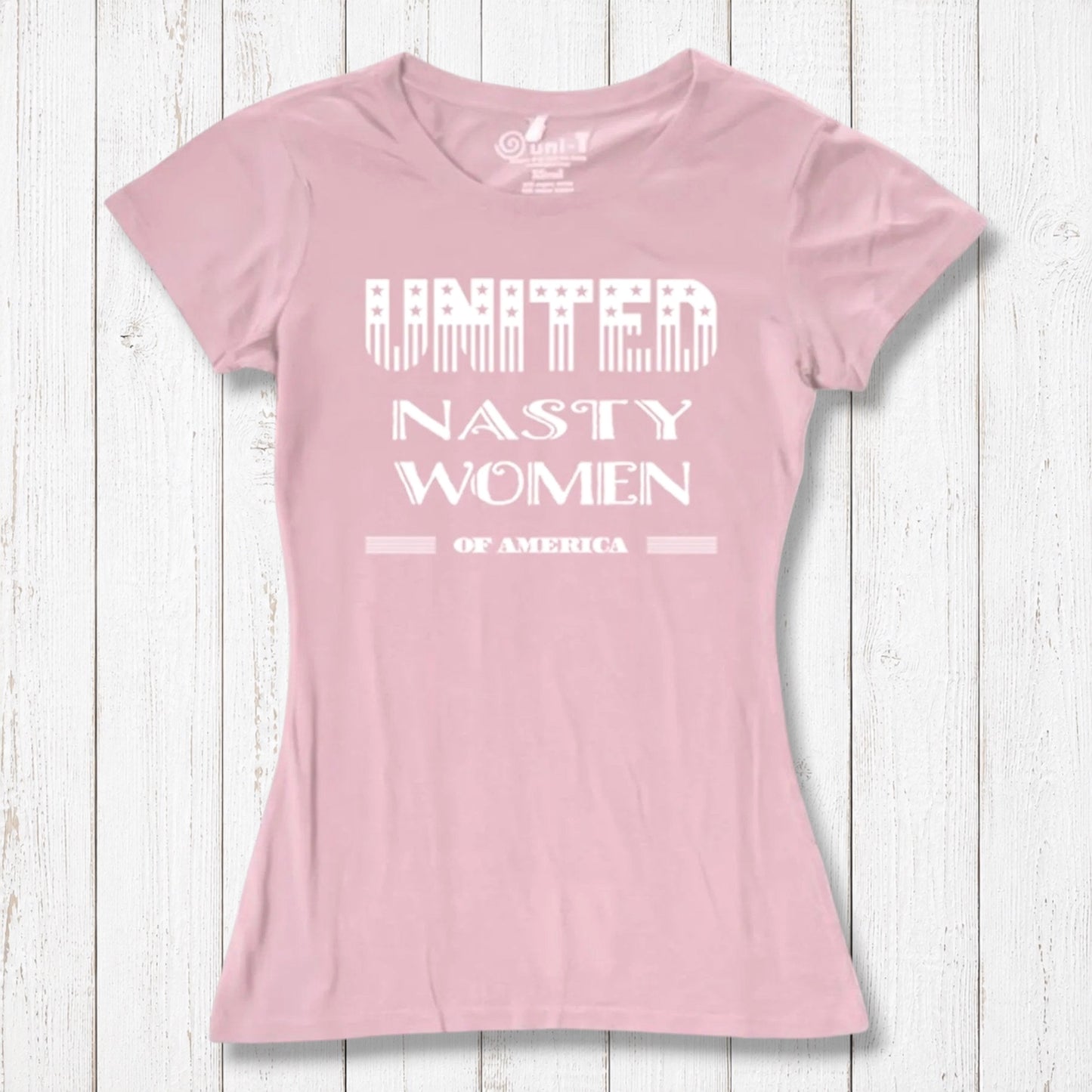 Light pink women's bamboo & organic cotton T-shirt with 'United Nasty Women of America' graphic. Empowering eco-conscious fashion by Uni-T.