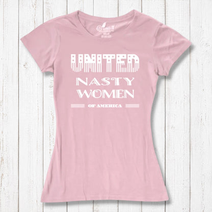 Light pink women's bamboo & organic cotton T-shirt with 'United Nasty Women of America' graphic. Empowering eco-conscious fashion by Uni-T.