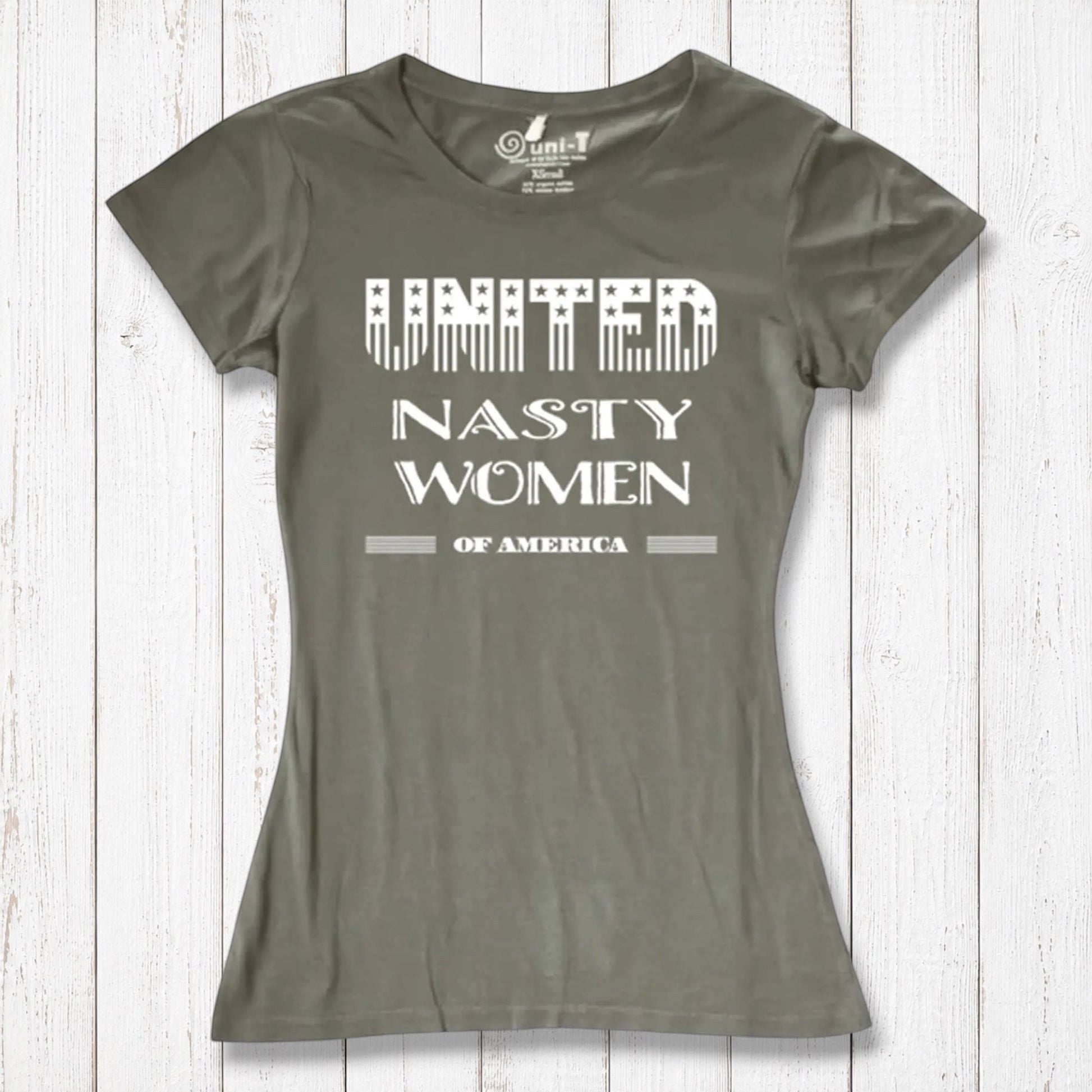 Olive green women's bamboo & organic cotton T-shirt with 'United Nasty Women of America' graphic. Sustainable feminist clothing by Uni-T.